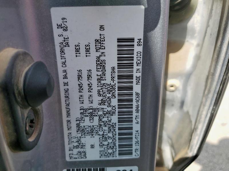 3TMCZ5AN3KM234952 - 2019 TOYOTA TACOMA DOUBLE CAB Сріблястий фото 12