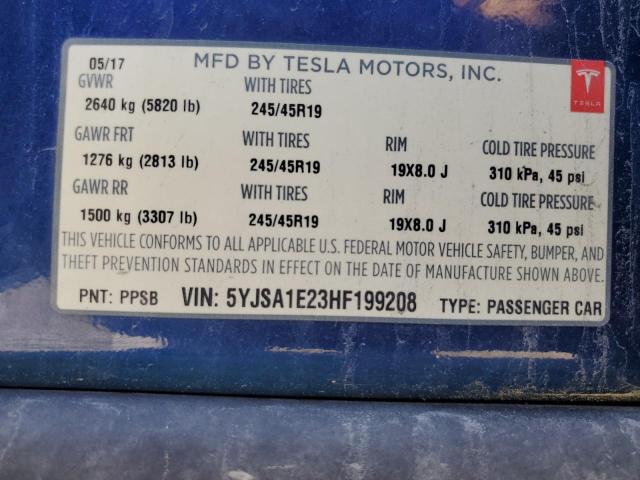 5YJSA1E23HF199208 - 2017 TESLA MODEL S ლურჯი ფოტო 12