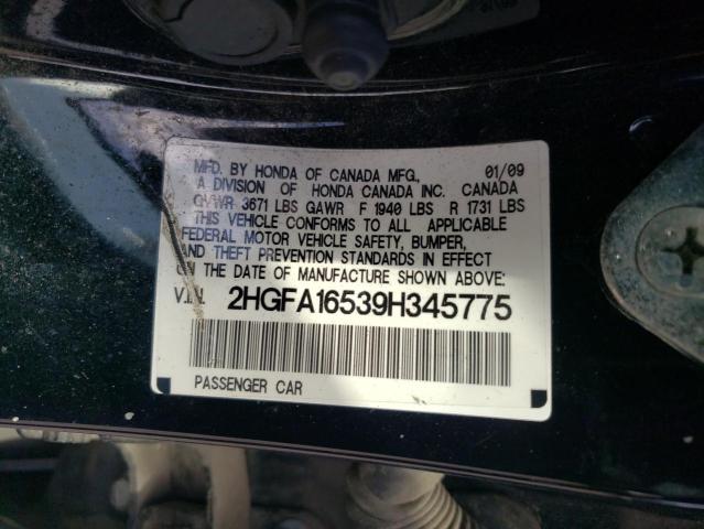 2HGFA16539H345775 - 2009 HONDA CIVIC LX შავი ფოტო 12