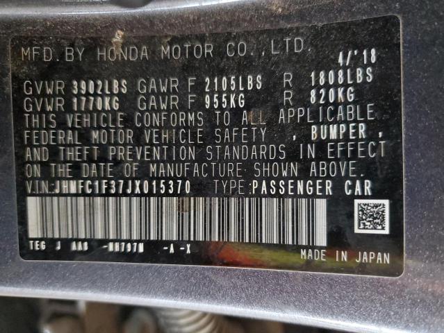 JHMFC1F37JX015370 - 2018 HONDA CIVIC EX GRAY photo 12