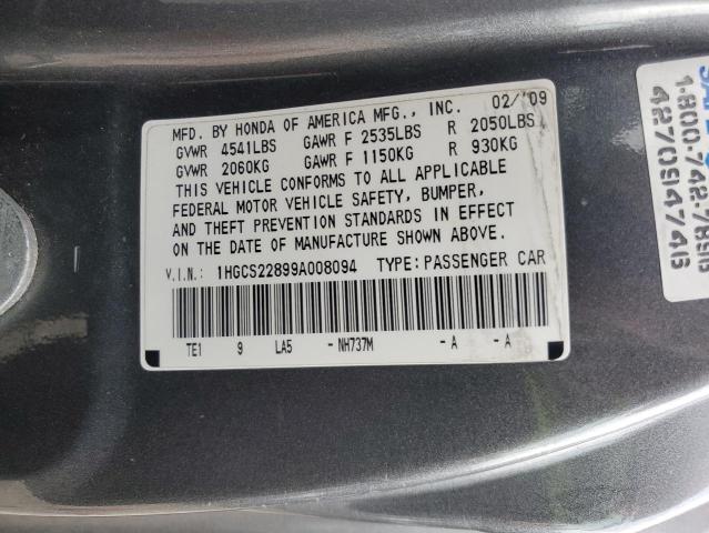 1HGCS22899A008094 - 2009 HONDA ACCORD EXL فحمي صورة 12