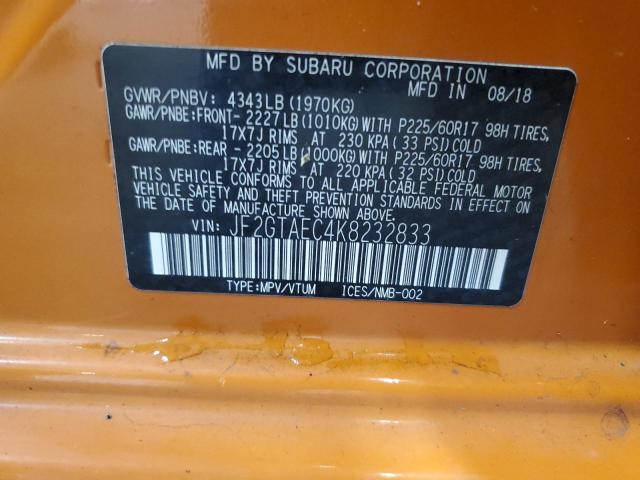 JF2GTAEC4K8232833 - 2019 SUBARU CROSSTREK PREMIUM ნარინჯისფერი ფოტო 13