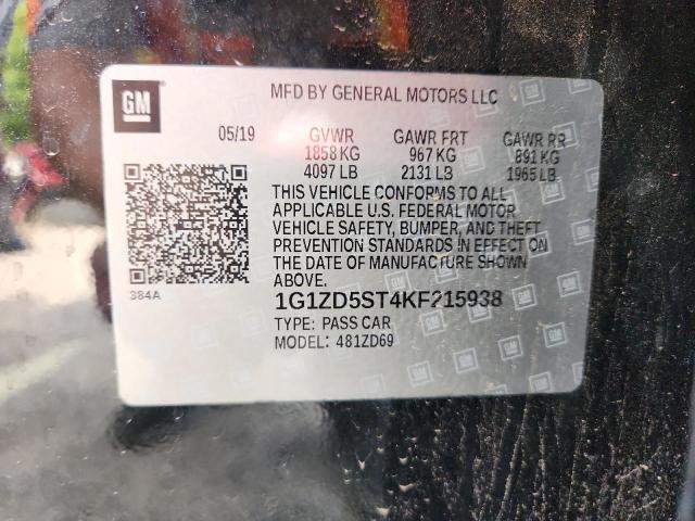 1G1ZD5ST4KF215938 - 2019 CHEVROLET MALIBU LT 黑色 照片 12