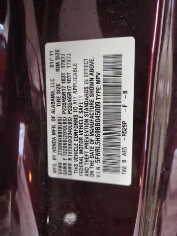 5FNRL5H69BB045009 - 2011 HONDA ODYSSEY EXL მუქწითელი ფოტო 13