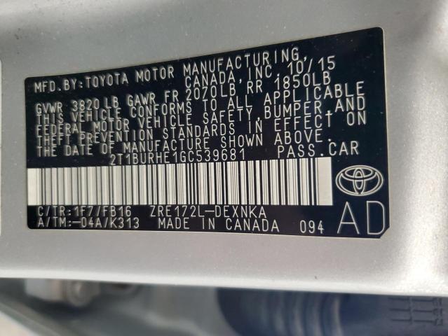 2T1BURHE1GC539681 - 2016 TOYOTA COROLLA L ვერცხლისფერი ფოტო 12