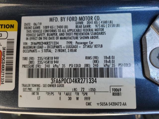 3FA6P0CD4KR271334 - 2019 FORD FUSION SEL Mavi fotoğraf 12