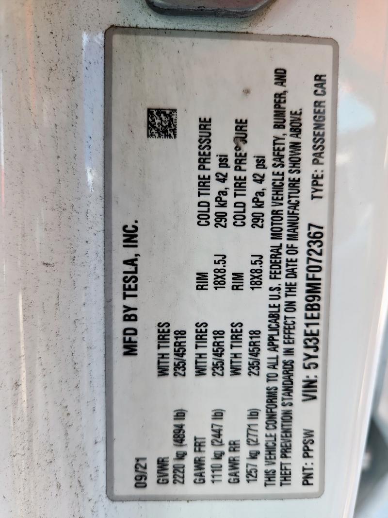 5YJ3E1EB9MF072367 - 2021 TESLA MODEL 3 Ақ фото 14