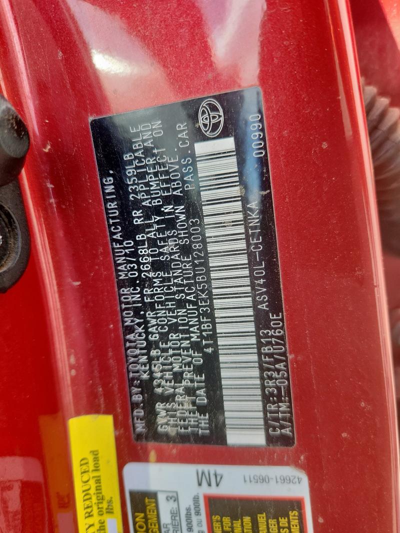 4T1BF3EK5BU128003 - 2011 TOYOTA CAMRY BASE RED photo 12