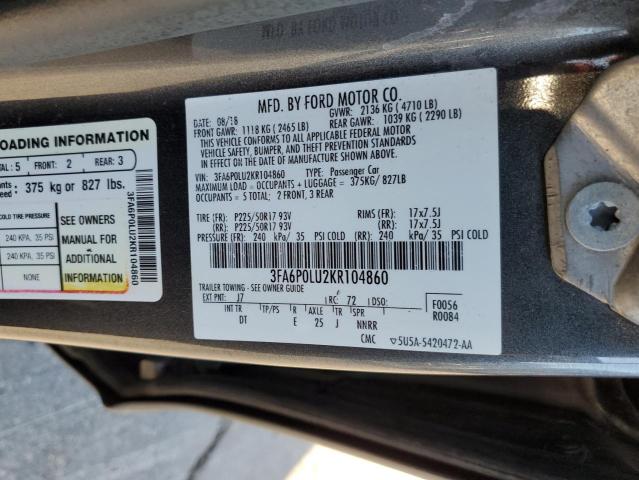 3FA6P0LU2KR104860 - 2019 FORD FUSION SE GRAY photo 12