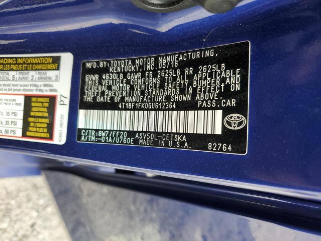 4T1BF1FK0GU612364 - 2016 TOYOTA CAMRY LE 蓝色 照片 12