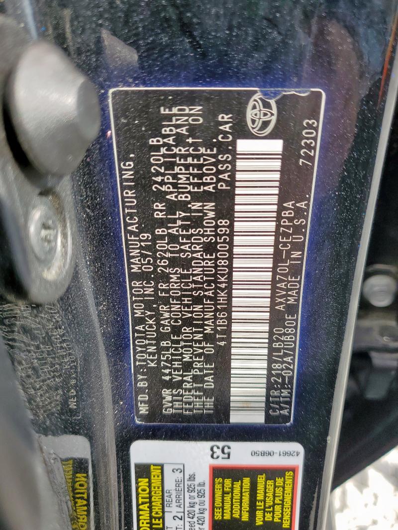 4T1B61HK4KU800598 - 2019 TOYOTA CAMRY XSE Siyah fotoğraf 13