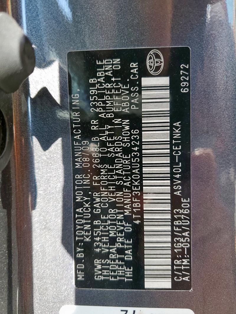 4T1BF3EK0AU534236 - 2010 TOYOTA CAMRY BASE 灰色 照片 12