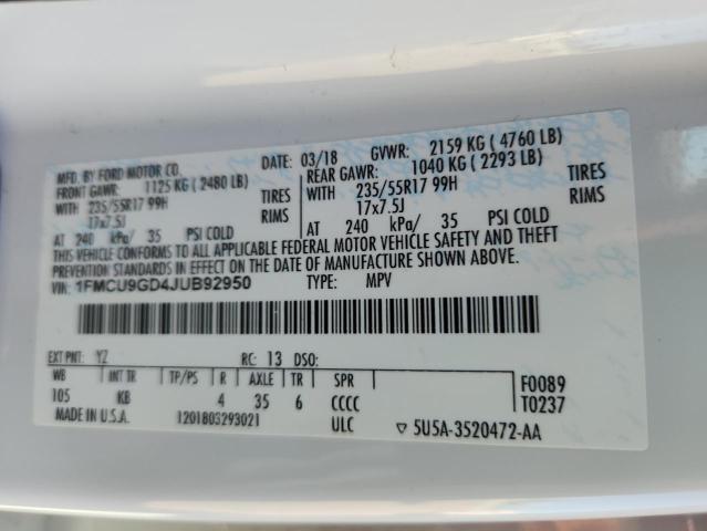 1FMCU9GD4JUB92950 - 2018 FORD ESCAPE SE თეთრი ფოტო 12