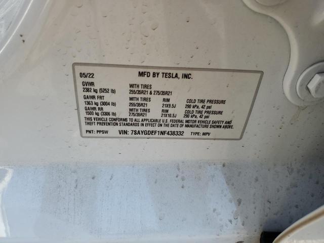 7SAYGDEF1NF438332 - 2022 TESLA MODEL Y Білий фото 13