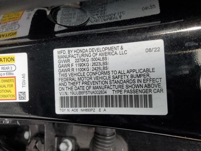19UUB6F57NA002834 - 2022 ACURA TLX TECH A BLACK photo 12