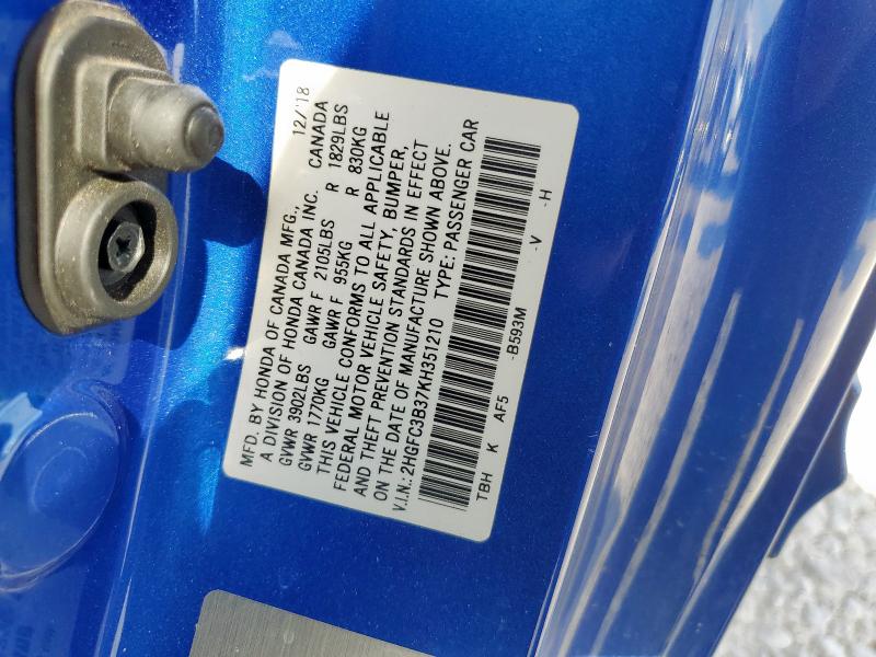 2HGFC3B37KH351210 - 2019 HONDA CIVIC EX ლურჯი ფოტო 12