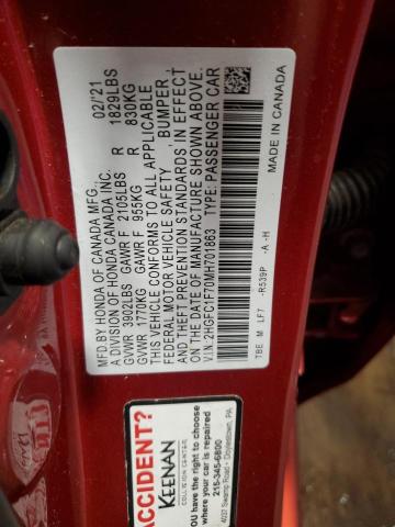 2HGFC1F70MH701863 - 2021 HONDA CIVIC EXL RED photo 12