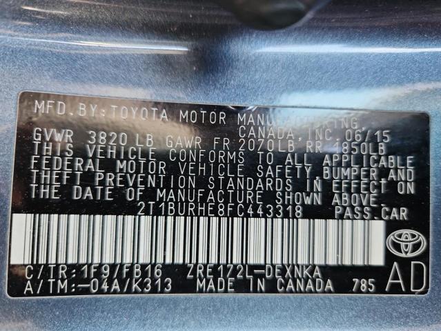 2T1BURHE8FC443318 - 2015 TOYOTA COROLLA L TEAL photo 12