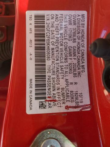 2HGFC2F65KH606080 - 2019 HONDA CIVIC LX RED photo 12