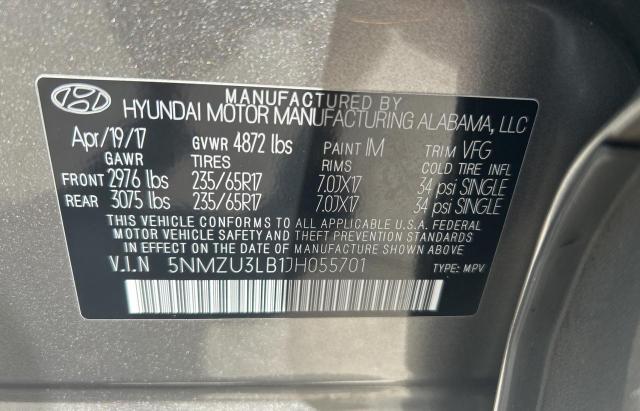 5NMZU3LB1JH055701 - 2018 HYUNDAI SANTA FE S SILVER photo 10