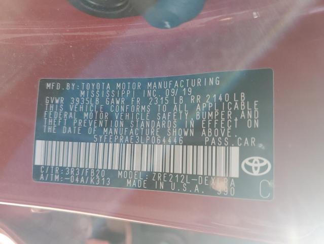 5YFEPRAE3LP064446 - 2020 TOYOTA COROLLA LE 红色 照片 12