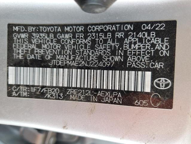 JTDEPMAE2NJ224097 - 2022 TOYOTA COROLLA LE Argent photo 12