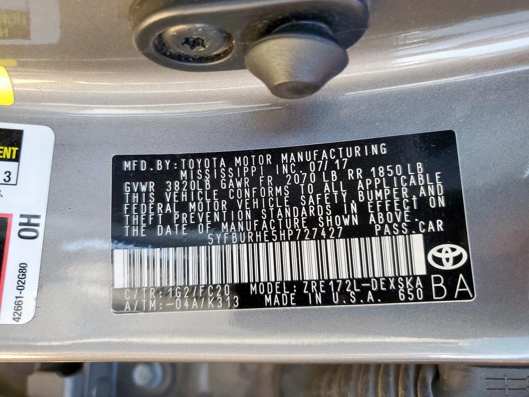 5YFBURHE5HP727427 - 2017 TOYOTA COROLLA L Մոխրագույն լուսանկար 13