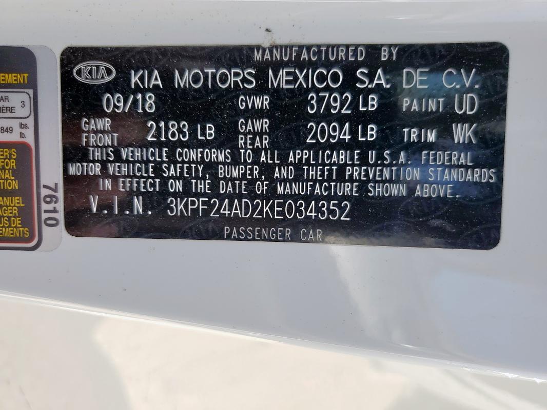 3KPF24AD2KE034352 - 2019 KIA FORTE FE 白色 照片 12