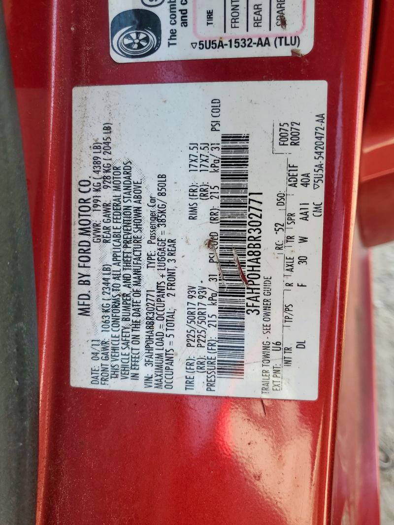 3FAHP0HA8BR302771 - 2011 FORD FUSION SE RED photo 13