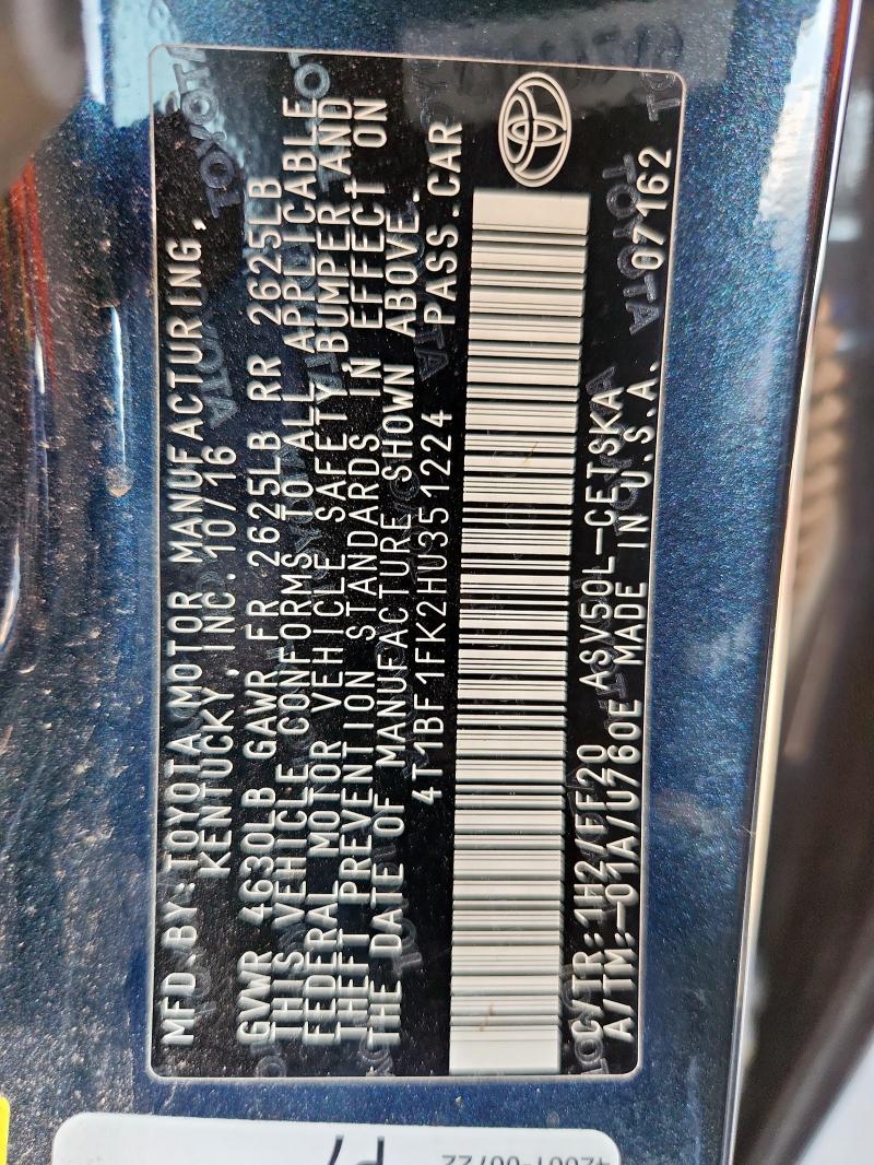 4T1BF1FK2HU351224 - 2017 TOYOTA CAMRY LE BLUE photo 12