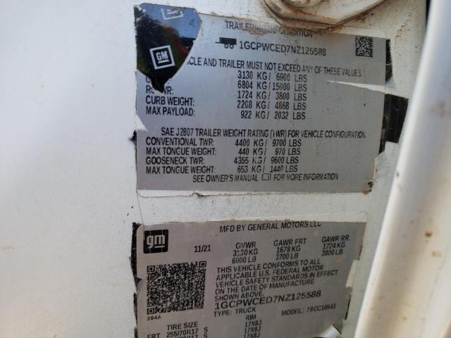 1GCPWCED7NZ125588 - 2022 CHEVROLET SILVERADO C1500 LT WHITE photo 12