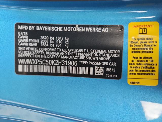 WMWXP5C50K2H31906 - 2019 MINI COOPER Niebieski zdjęcie 12