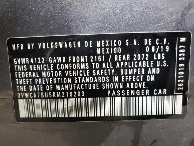 3VWC57BU5KM219203 - 2019 VOLKSWAGEN JETTA S 灰色 照片 12