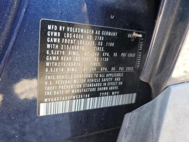 WVGAV7AX0FW535194 - 2015 VOLKSWAGEN TIGUAN S BLUE photo 12