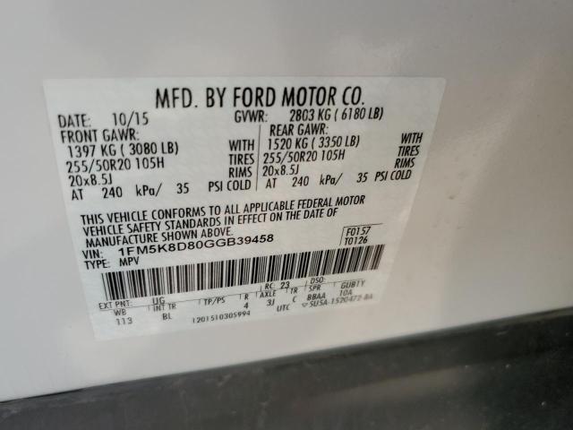 1FM5K8D80GGB39458 - 2016 FORD EXPLORER XLT WHITE photo 14