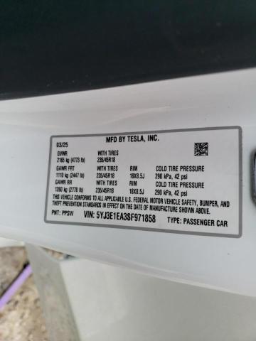 5YJ3E1EA3SF971858 - 2025 TESLA MODEL 3 WHITE photo 13