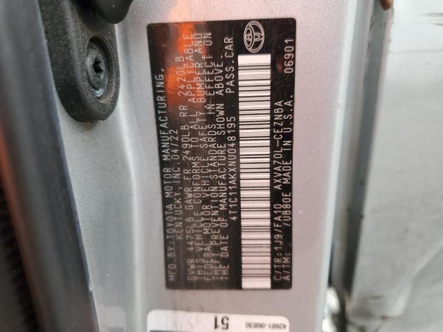 4T1C11AKXNU048195 - 2022 TOYOTA CAMRY LE 银色 照片 12