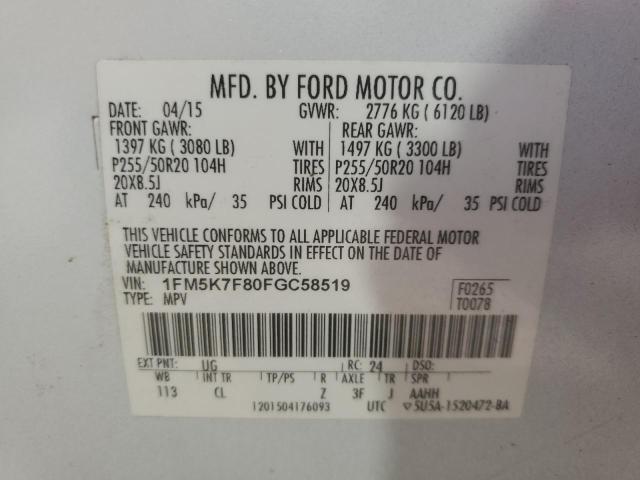 1FM5K7F80FGC58519 - 2015 FORD EXPLORER LIMITED WHITE photo 13