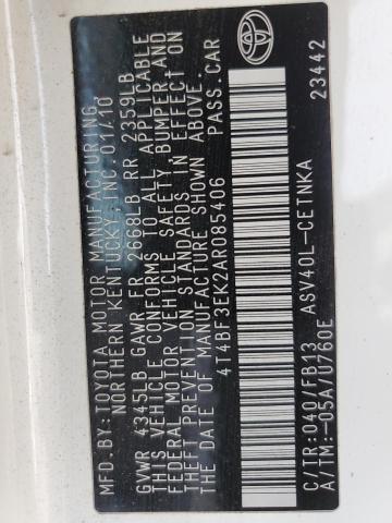 4T4BF3EK2AR085406 - 2010 TOYOTA CAMRY BASE თეთრი ფოტო 12