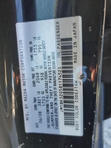 JM1BK32G581174523 - 2008 MAZDA 3 I BLACK photo 12