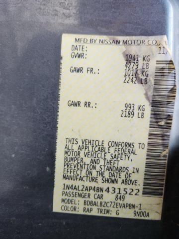 1N4AL2AP4BN431522 - 2011 NISSAN ALTIMA BASE GRAY photo 12