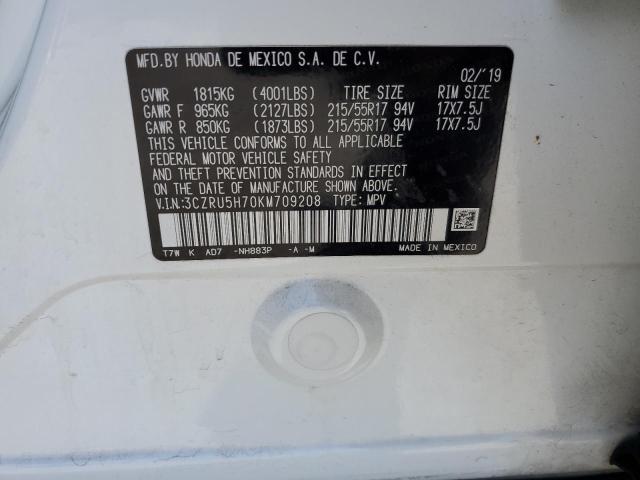3CZRU5H70KM709208 - 2019 HONDA HR-V EXL WHITE photo 12
