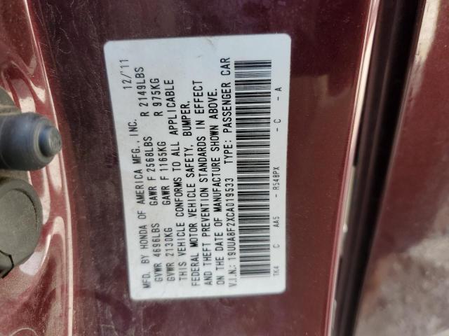 19UUA8F2XCA019533 - 2012 ACURA TL BURGUNDY photo 12