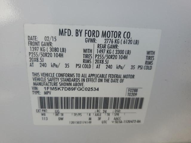 1FM5K7D89FGC02534 - 2015 FORD EXPLORER XLT WHITE photo 14