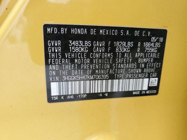 3HGGK5H47KM706395 - 2019 HONDA FIT LX ყვითელი ფოტო 12