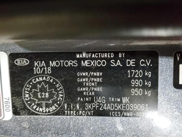 3KPF24AD5KE039061 - 2019 KIA FORTE FE GRAY photo 12