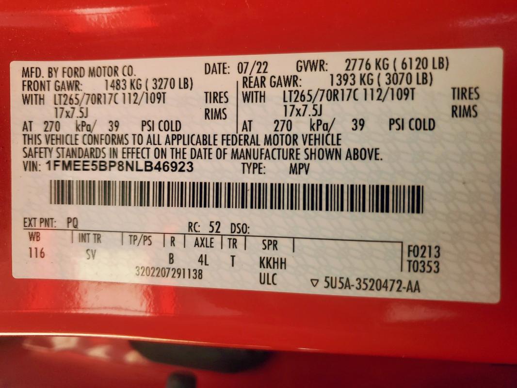 1FMEE5BP8NLB46923 - 2022 FORD BRONCO BASE RED photo 14