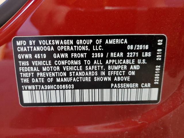 1VWBT7A39HC006503 - 2017 VOLKSWAGEN PASSAT SE BURGUNDY photo 12