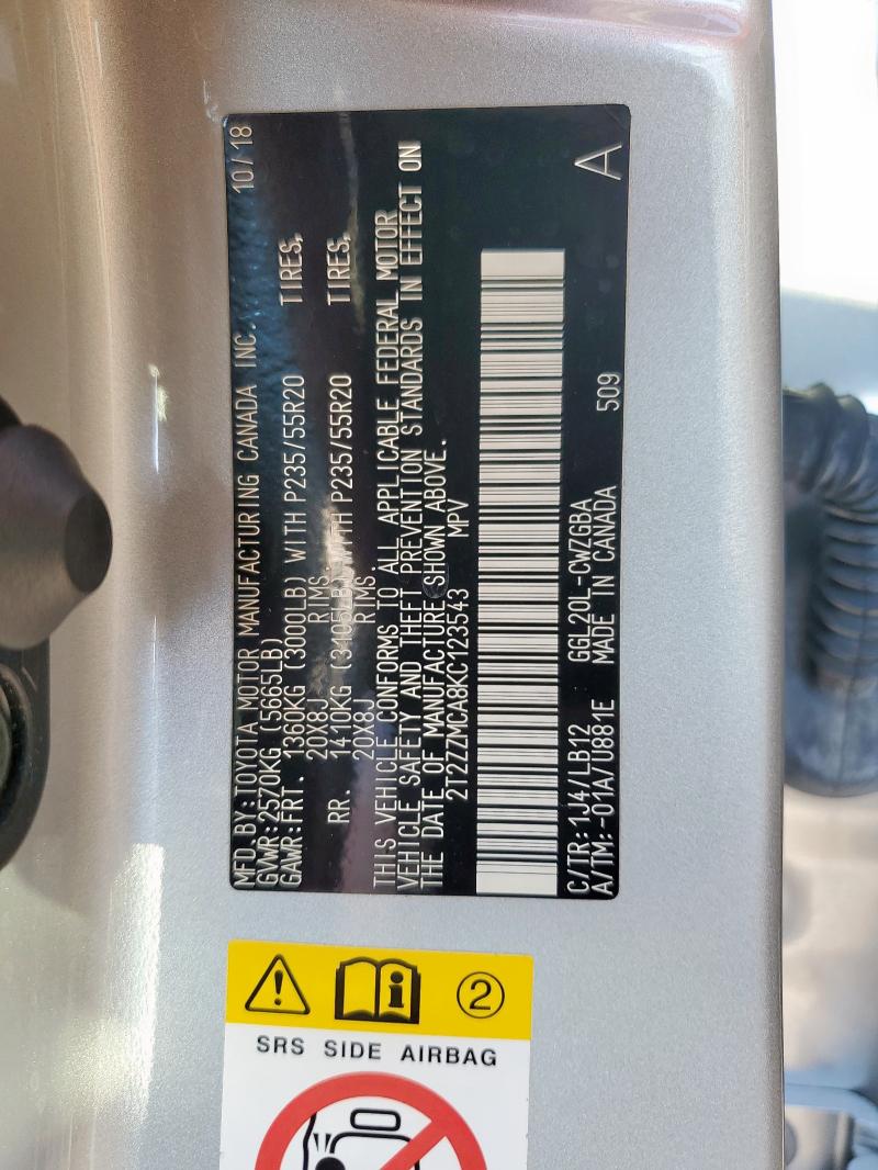 2T2ZZMCA8KC123543 - 2019 LEXUS RX 350 BASE ვერცხლისფერი ფოტო 13