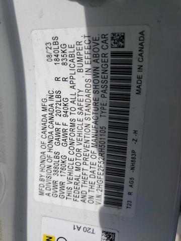 2HGFE2F52RH501105 - 2024 HONDA CIVIC SPORT 白色 照片 12